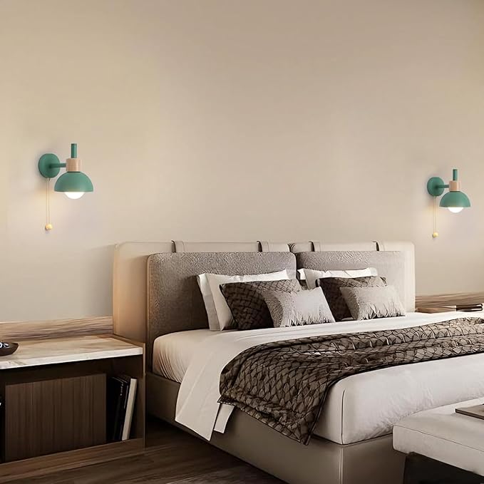 Pull Chain Wall Lights for Bedroom Modern Bathroom Wall Sconce Light with Switch E26 Socket Bedside Wall Lamps for Living Room Vintage Wall Light Fixtures for Hallway Porch Vanity Green