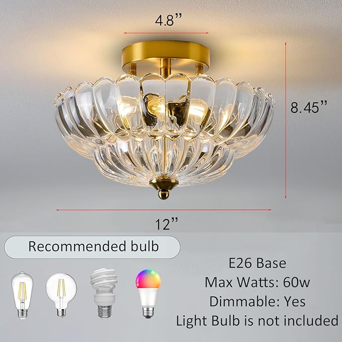 Gold Semi Flush Mount Ceiling Light, 12 Inch Vintage Crystal Light Fixture with 3-Light E26 Base, Modern Close to Ceiling Lamp for Bedroom Hallway Entryway Kitchen Foyer