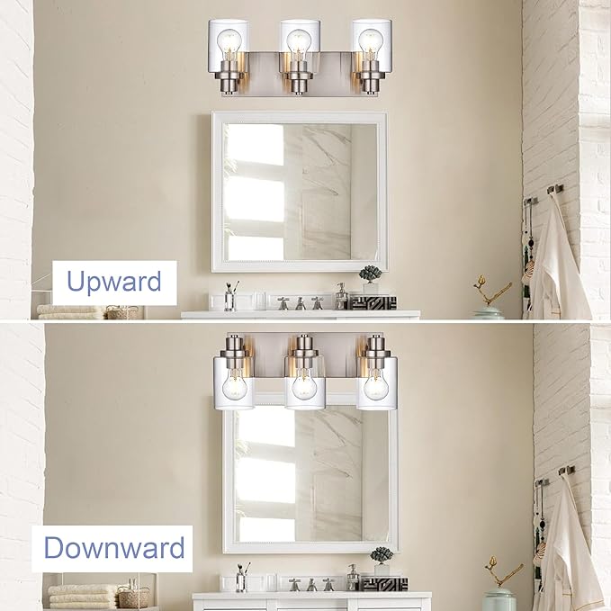 3 Light Bathroom Vanity Light Brushed Nickel Bathroom Lighting Fixtures Over Mirror with Clear Glass Shade, Modern Farmhouse Wall Sconces Vanity Lights for Bedroom Living Room
