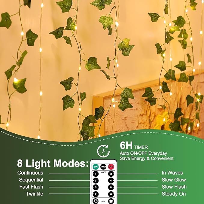 A.bigwhale Vines Lights for Bedroom, 6.5ft x 6.5ft Ivy Garland with 200 LED Vine Artificial Fairy Lights Curtain 8 Modes, USB Hanging Vine Lights for Wedding Window Wall Party Christmas Decoration