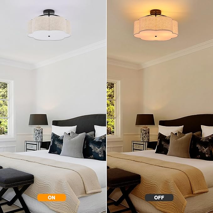 18" Semi Flush Mount Ceiling Light Modern 3-Lights Black Drum Ceiling Light Fixture with Fabric Linen Shade, Vintage Modern Ceiling Lighting for Laundry Room, Kitchen, Basement, Bedroom
