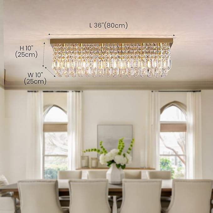 Crystal Chandeliers,6-Lights Gold Rectangular Chandelier,Crystals Pendant Light Fixture for Dining Living Room Kitchen Dining Room Bedroom Bathroom Hotel