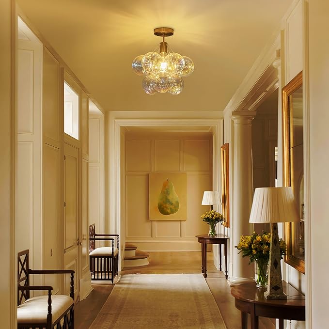GoYeel Semi Flush Mount Ceiling Lighting 14.17", Modern Chandelier Gold Globe Colorful Bubble Ceiling Light Fixture with 9 Chromatic Glass Ball for Foyer Kitchen Bedroom, Include E26 Bulb