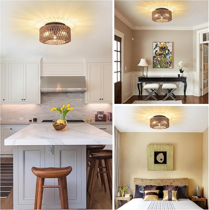 Boho Light Fixture，3-Light Farmhouse Rattan Light Fixtures Ceiling Mount，Flush Mount Ceiling Light with Hand-Woven Shade，Modern Chandelier for Living Bedroom Entryway Kitchen Nursery