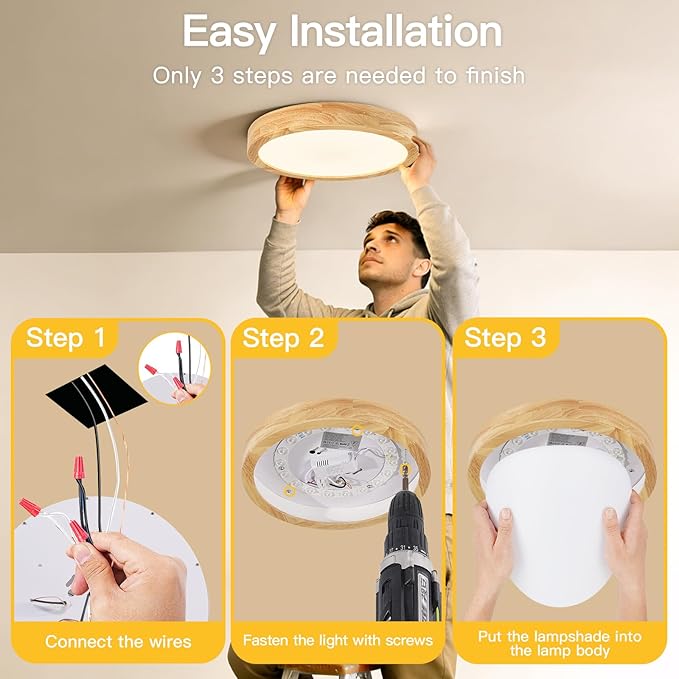 Modern Flush Mount Ceiling Light, LED Ceiling Light for Bedroom, Wood Light Fixture Warm White 3000K Not Dimmable, Round Flat Ceiling Lamp for Hallway, Kid's Room, Living Room, (Wood, 11.8")