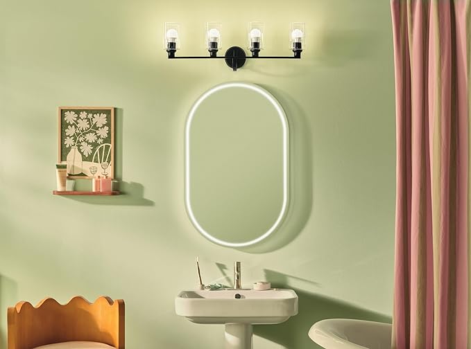 Kichler Gioe 4-Light Bathroom Vanity Light Fixture with Clear Fluted Glass in Black, Modern Wall Mount Over Mirror Lighting for Powder Room (32.25 x 10.5 x 6.75 in), 55227BKFLU