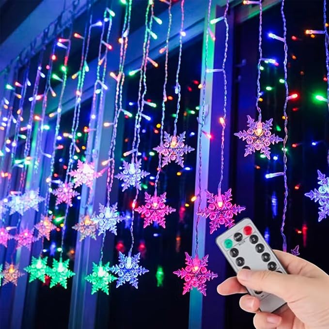 Snowflake Curtain Lights, 108 LED 13FT Multicolor Fairy Lights with Snowflake Pendants, USB Powered Remote, 8 Modes, Linkable x5, IPX4 Waterproof for Christmas, Party & Winter Decor