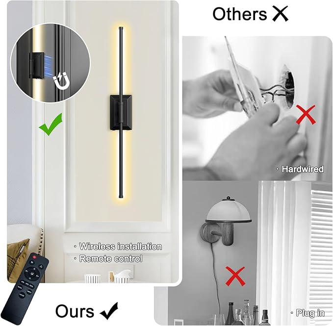Battery Operated Wireless Wall Sconce - Modern Rechargeable Led Sconces in Black Gold Silver - Bedroom Decor Lights Set of 2 - Long Indoor Living Room Bathroom Remote Wall Light