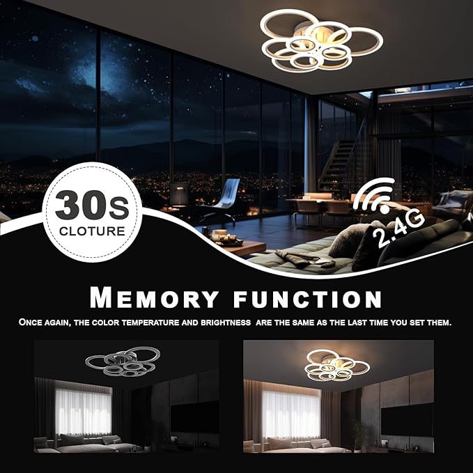 Modern LED Ceiling Light, 9 Ring Flush Mount Ceiling Light Fixture, Lampara de Techo con Control Remoto y App, 2800K-7000K Dimmable, 120W Chandeliers for Dining Room, Living Room, Bedroom