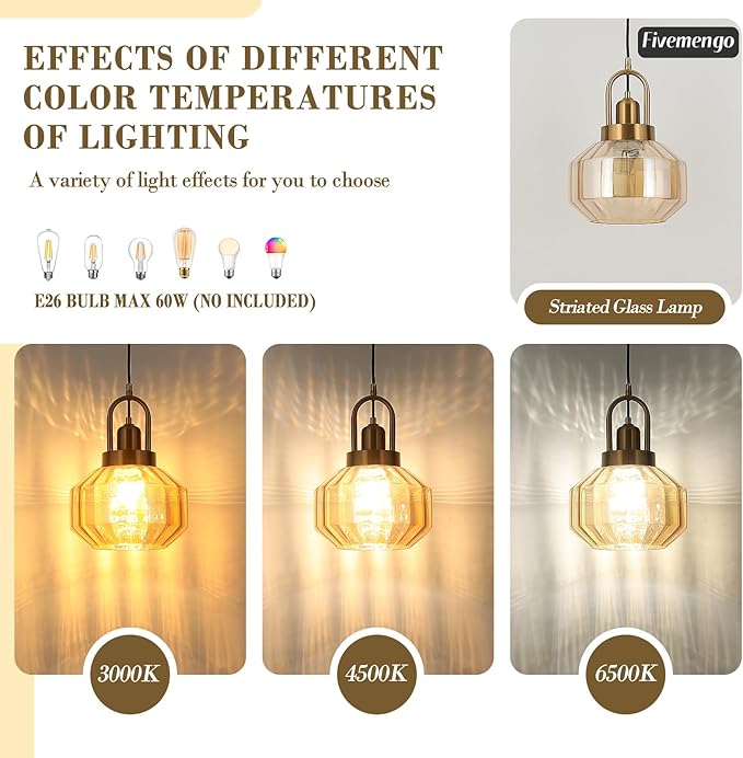 9in Mid Century Modern Amber Glass Pendant Light Fixture, Small Gold Kitchen Island Pendants Light Glass Ceiling Hanging Lamp for Foyer Dining Room Bedroom Entryway Hallway Over Sink