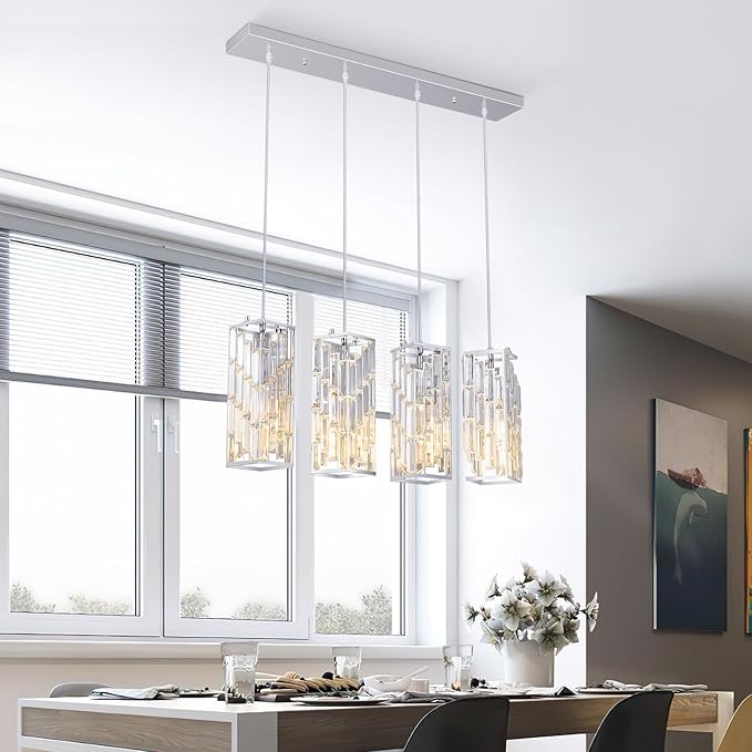 Chrome Pendant Lighting Modern Pendant Light, Mini Crystal Chandeliers,Adjustable Pendant Light Fixture for Kitchen Island Dinning Room Bedroom (4 Light)