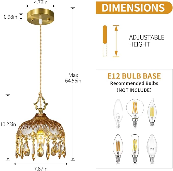 Brass Vintage Glass Pendant Light Crystal Hanging Light Fixtures,Adjustable Height Amber Glass Pendant Lights for Kitchen Island Dining Room Living Room Bedroom Hallway(Amber,2-Pack)