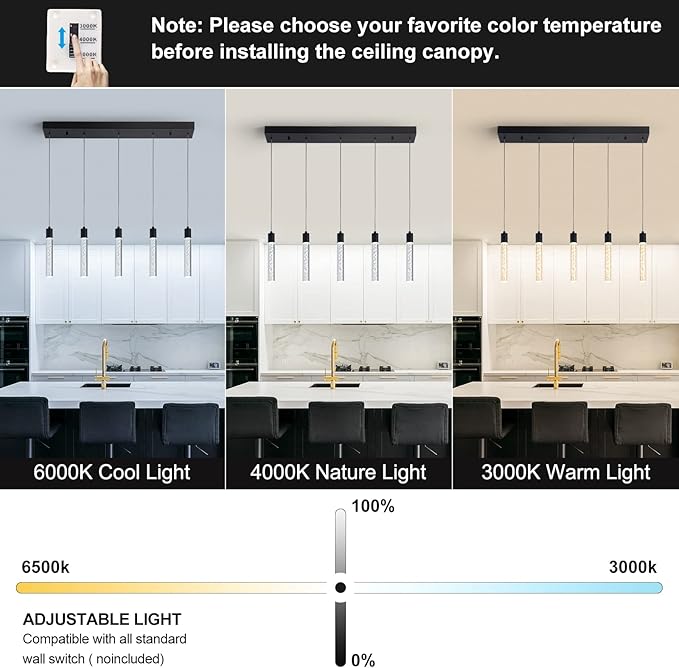 5 Black Pendant Lights Kitchen Island Modern with Adjustable Height - Clear Cylinder Island Lights, 3000-6000K Dimmable Kitchen Pendant Lighting for, Dining Room, Bar Counter