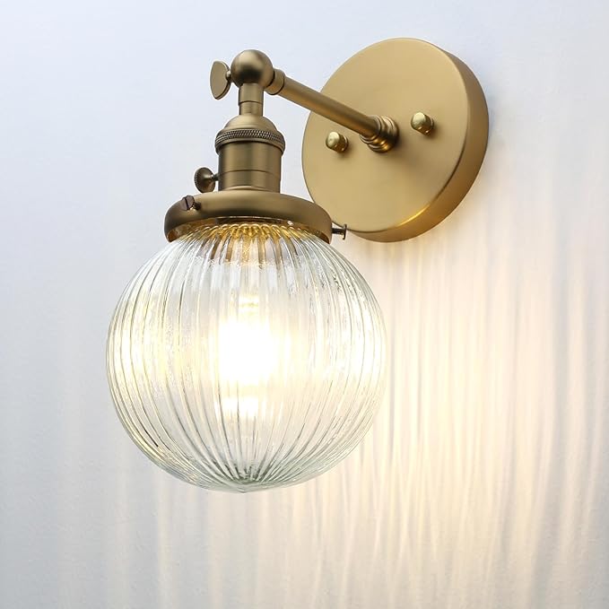 PERMO Vintage Industrial Wall Sconce Lighting Fixture with Mini 5.9" Round Clear Globe Ribbed Glass Shade (Antique Brass Gold)
