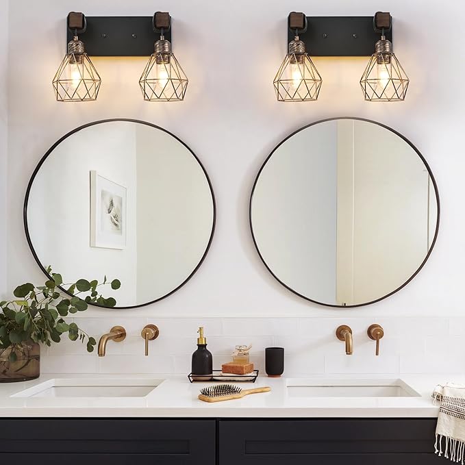 Farmhouse Bathroom Vanity Light Fixtures, 2-Light Wood Bathroom Light Fixtures Over Mirror, Rustic Sconces Wall Lighting with Elegant Metal Lampshade for Living Room, Bedroom, Hallway