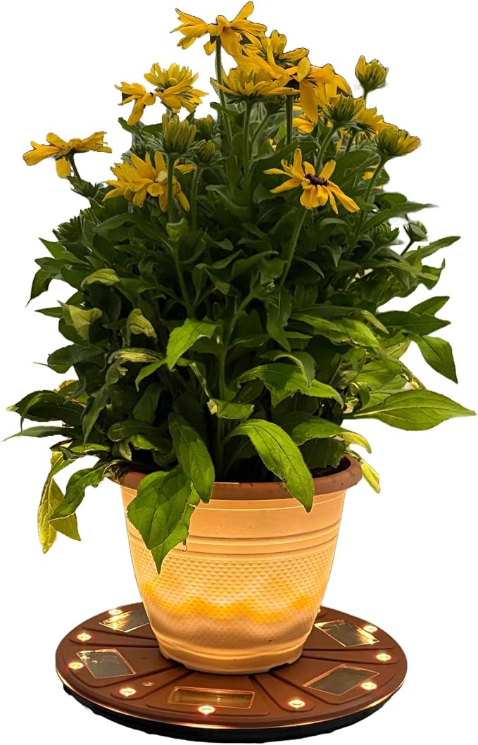 Gama Sonic 15" Illuminated Plant Stand for Outdoor, Solar Power, Brown Base for Exterior Potted Plants, Entryway, Pathway, Landscape Planter Lighting (78i50465)