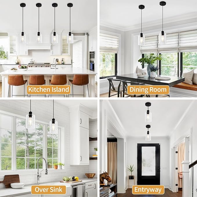 2 Pack Black Pendant Lights Kitchen Island, Modern Glass Pendant Lighting Over Island Kitchen Hanging Bathroom Ceiling Light Fixtures Adjustable Pendant Lights for Dining Room Hallway Bedroom