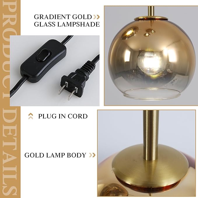 KCO Lighting Mid Century Modern Plug in Pendant Light Gold Glass Globe Pendant Lighting with Adjustable Cord Large Hanging Light Fixture with Plug in Cord for Kitchen Island Dining Room (25cm)