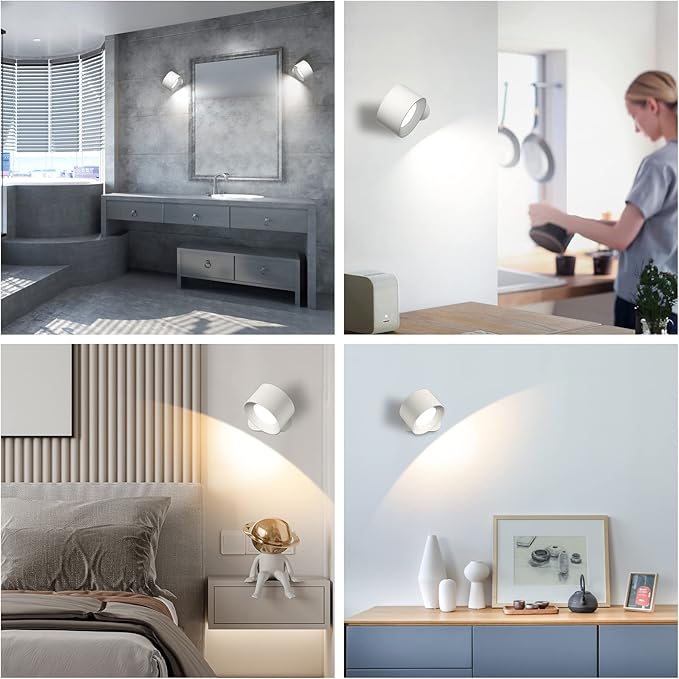 AKSDA Battery Operated Wall Light, LED Lamp with 360 Adjustable Lighting Indoor, 3 Color Modes, 3 Brightness Levels, Touch Control, Mounted for Bedroom, Reading, Bedside - 1 Pack, White