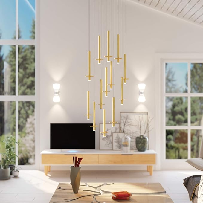 Draco 13 Pendant Lighting Brass – LED Hanging Light Fixture for Kitchen Island, Bar, Foyer – Equilateral Cluster of Mini Metal Rod Pipe Tube Cylinders – Dimmable, Adjustable Wire, Lamp Bulb Included