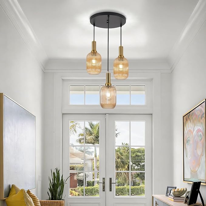FRIXCHUR 3-Light Pendant, Mid Century Style Glass Shades with E26 Sockets, Adjustable Retro Pendant Light with Gold Accents, Ideal for Kitchen Islands and Living Rooms (Amber)