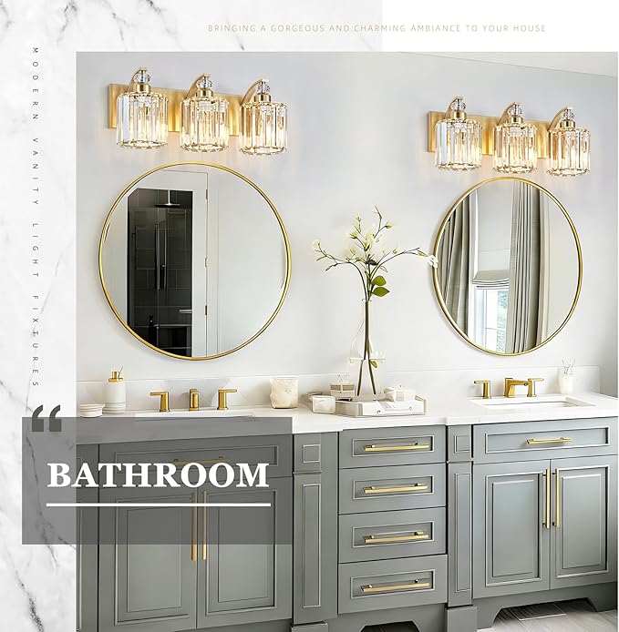 3-Lights Brushed Brass Bathroom Light Fixture Gold Vanity Lights Modern Crystal Bathroom Vanity Lighting Over Mirror Wall Sconce with K9 Crystal Shade E26 Base for Living Room, Bedroom Wall Lamp