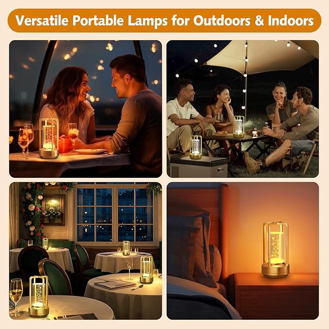 Portable Table Lamp for Outdoor Indoor: Cordless Rechargeable Desk Lamp with 3 Color Stepless Dimmable - Metal Battery Operated Lantern Light for Bedroom/Bar/Coffee Shop/Camping (Gold (Bubble))