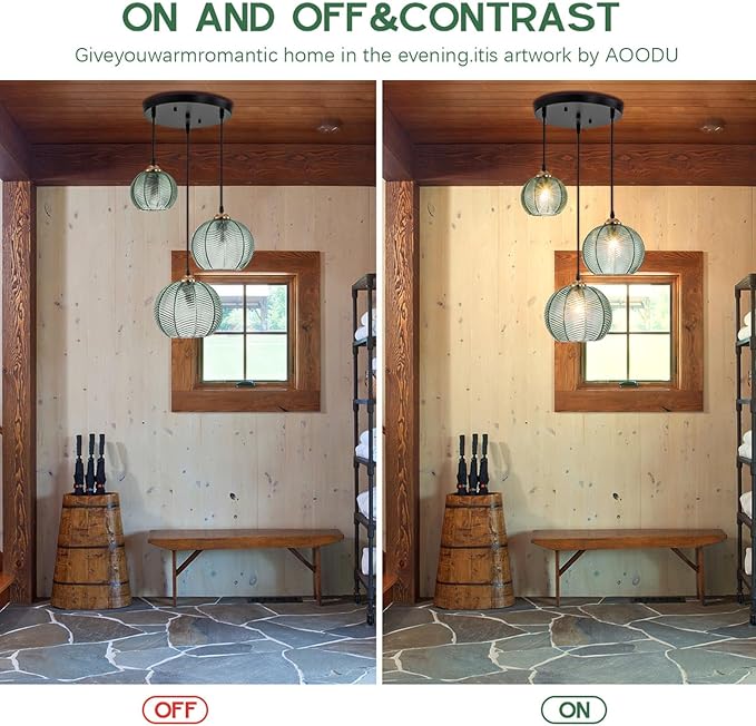 Modern 3-Light Pendant Lighting Hand-Blown Green Glass Chandelier, Hanging Ceiling Light with Glass Shade, Farmhouse Kitchen Island Pendant Light for Dining Room Bedroom Living Room