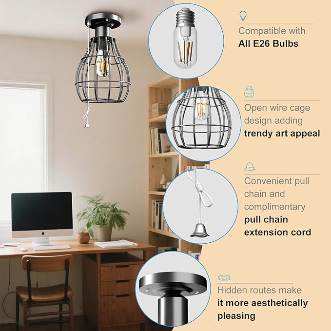 Lightdot 2Pack Flush Mount Ceiling Light with Pull Chain Farmhouse Industril LED Light Fixture for Closet Metal Cage Pull String Light Fixture for Laundry, Bedroom, Hallway