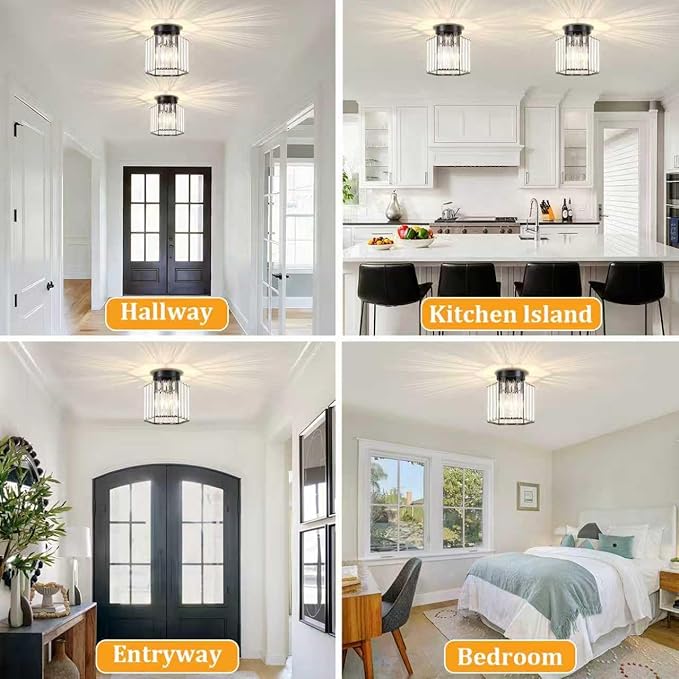 TOULMJ 2 Pack Crystal Semi Flush Mount Ceiling Light, Hallway Light Fixture Modern Black Kitchen Lighting Fixtures Close to Ceiling Lights for Bathroom Entryway Bedroom Foyer Laundry Room