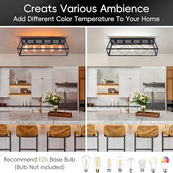 31.5" Black Flush Mount Ceiling Light Fixture, 5-Light Vintage Industrial Cage Chandelier for Dining Room, Kitchen Island, Living Room, Dimmable Large Semi Flush Mount Close to Ceiling Light