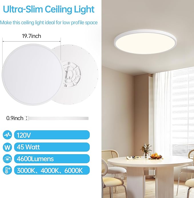20 Inch Large LED Flush Mount Ceiling Light Fixture,45W,4600LM,3000K/4000K/6000K CCT Selectable,0.9 inch Super Slim Round Ceiling Light for Bedroom,Hallway,Kitchen (Dimmable White 1PK)