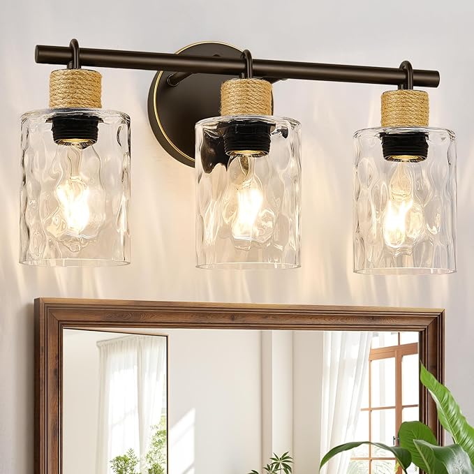 MOKATNG Bathroom Light Fixtures, 3-Light Coastal Vanity Lights with Crystal Glass Shade, Oil-Rubbed Bronze Bathroom Wall Lamp for Mirror Kitchen Hallway Cabinet