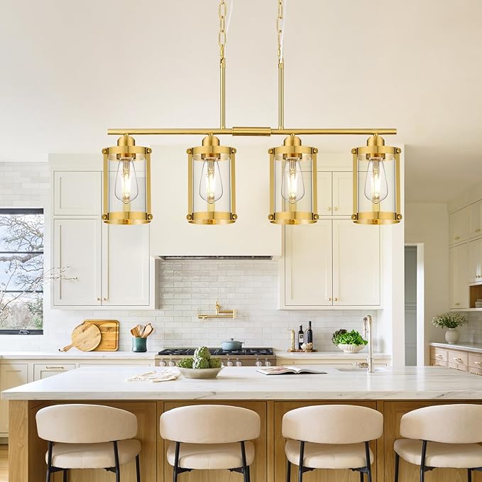 4-Light Kitchen Island Lighting, Brushed Gold Linear Dining Room Light Fixtures with Clear Glass, Modern Mid Century Chandelier Pendant Light for Kitchen Island Dining Room, OS-3014-4ISBG