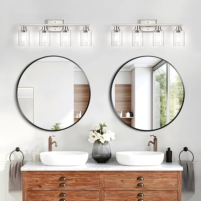 Unicozin 4-Light Bathroom Light Fixtures, Modern Vanity Lights with Clear Glass Shades, Brushed Nickel Bathroom Wall Lamp for Mirror Living Room Cabinet Bedroom