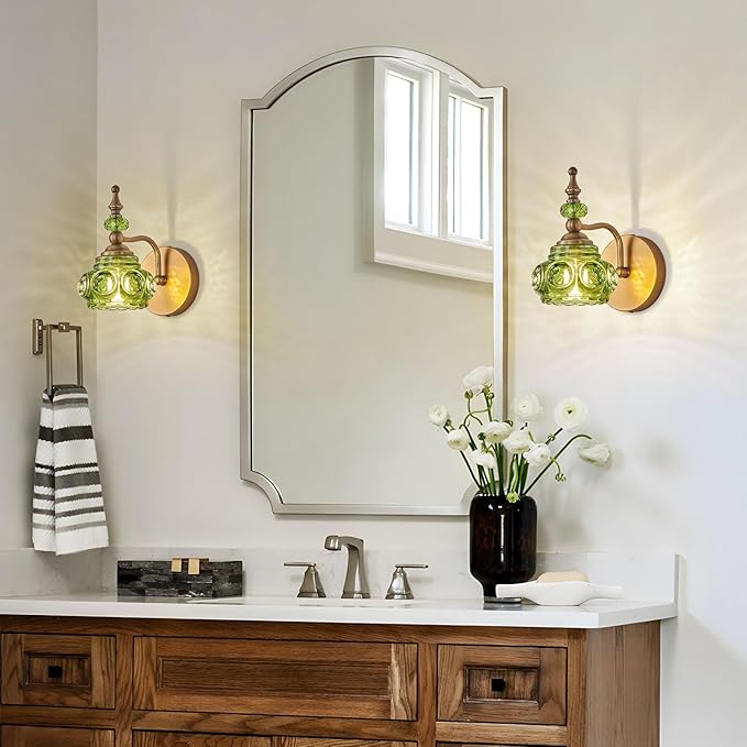 Vintage Wall Sconces Bathroom Vanity Lighting Fixtures Beautiful Wall Light with Green Glass Lampshade for Bedside Bedroom Doorway Bathroom