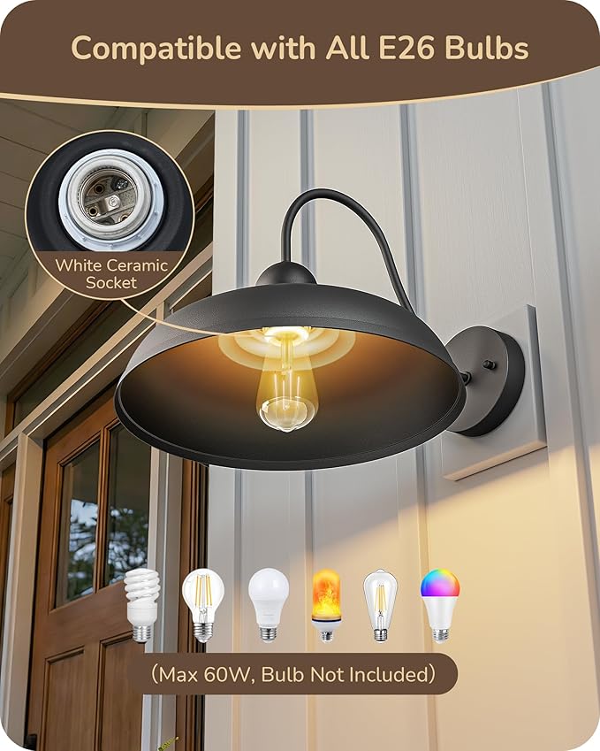 EDISHINE 2 Pack Gooseneck Barn Light Fixture, 12IN Outdoor Wall Light, Farmhouse Outside Wall Sconce, Black Matte Wall Mount Lantern for Porch, Entryway, Garage