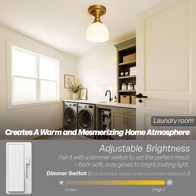 Modern Schoolhouse Semi Flush Mount Ceiling Light,Gold Brass Hand-Blown Glass Close to Ceiling Light Fixtures for Hallway Laundry Entryway Kitchen Bathroom Bedroom E26 Base
