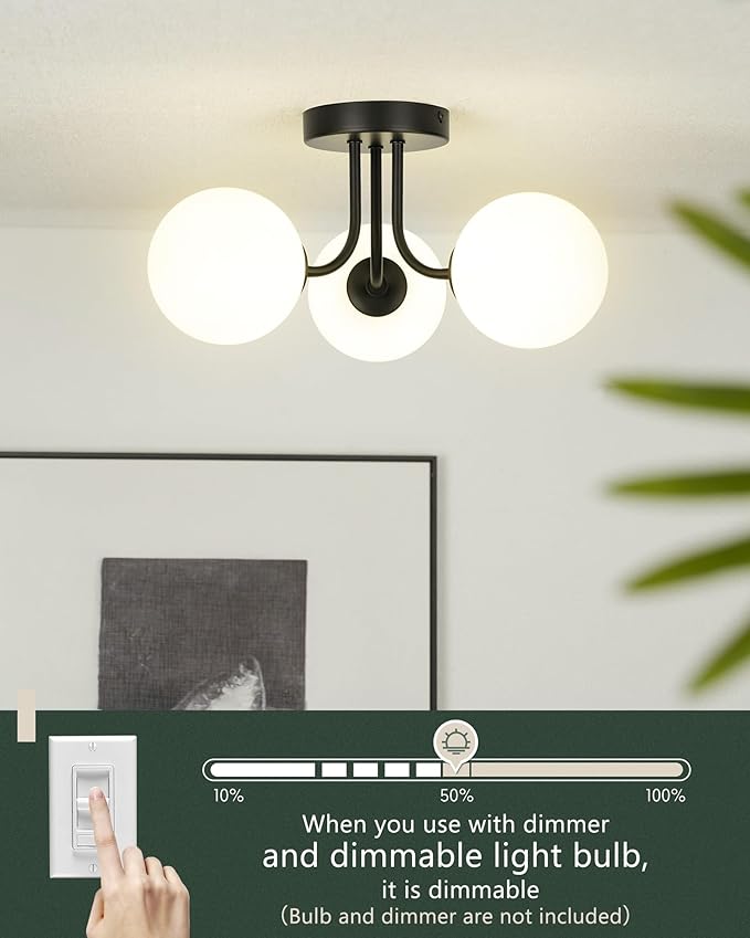 3-Globe Black Flush Mount Ceiling Light in a Modern Farmhouse Design is Ideal for Living Rooms, Bedrooms, or Dining Rooms. Model:CKCL4845-3W-BK，(Bulb Incl)