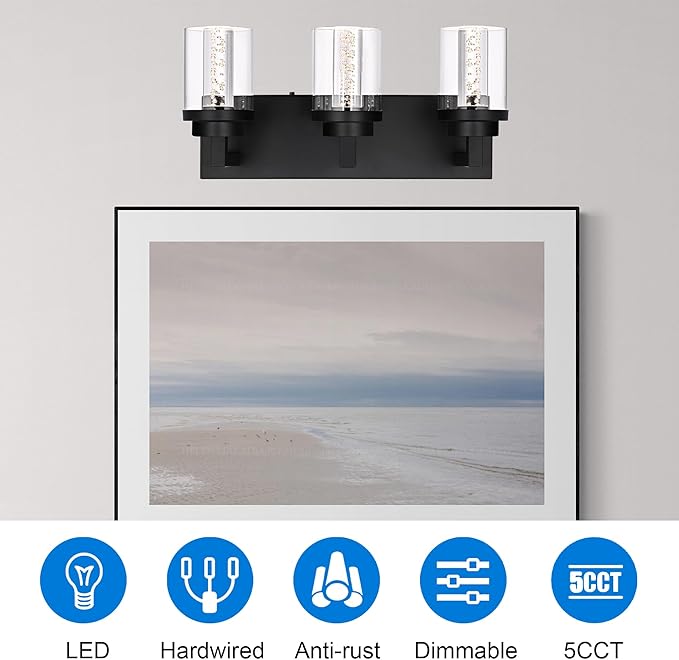 MELUCEE 3-Light LED Bathroom Lighting Fixtures Over Mirror Modern Bathroom Vanity Light Fixtures 5CCT Black Vanity Light Above Mirror with Bubble Crystal and Clear Glass Shade, Built-in LED Chips