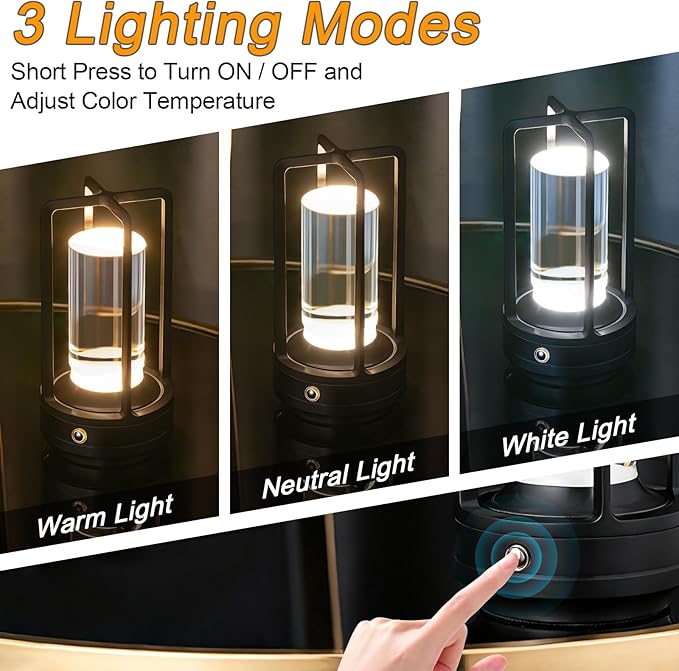 Rechargeable Table Lamp Cordless, 3 Color | Crystal | Stepless Dimming, for Dining Room, Living Room, Bar, Cafe, Restaurant, Patio, Camping, Pack of 2 (Black)
