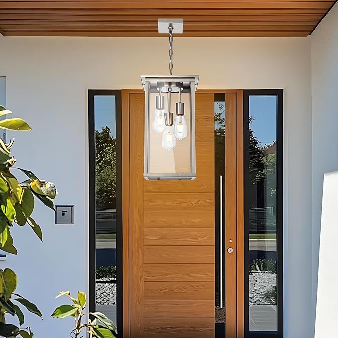 Yaohong Large Outdoor Chandelier for Porch, 3-Light Brushed Nickel Outdoor Pendant Light Fixture Rust-Resistant Metal with Clear Glass, Adjustable Exterior Pendant Light for Porch Entrance Foyer Front