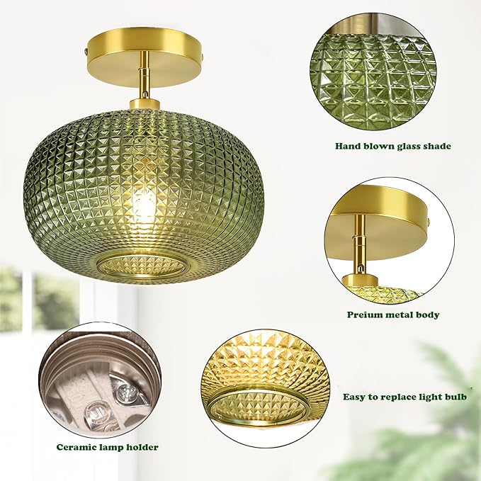 Semi Flush Mount Ceiling Light,Hallway Light Fixtures,Globe Glass Ceiling Fixture with Green Shade,Kitchen Ceiling Light Fixture,Vintage Green Ceiling Lights,Retro Ceiling Lighting for Entryway Porch