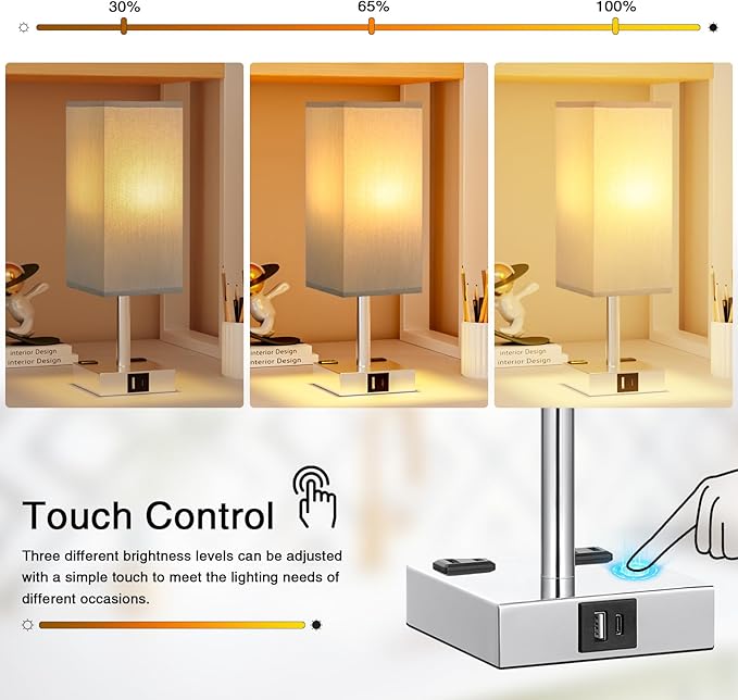 aooshine Touch Bedside Table Lamp Set of 2-3-Way Dimmable Night Lamp with USB A + Type C Charging Ports and Two AC Outlets, Small Desk Light with E26 LED Bulb for Bedroom Living Room Dorm Office