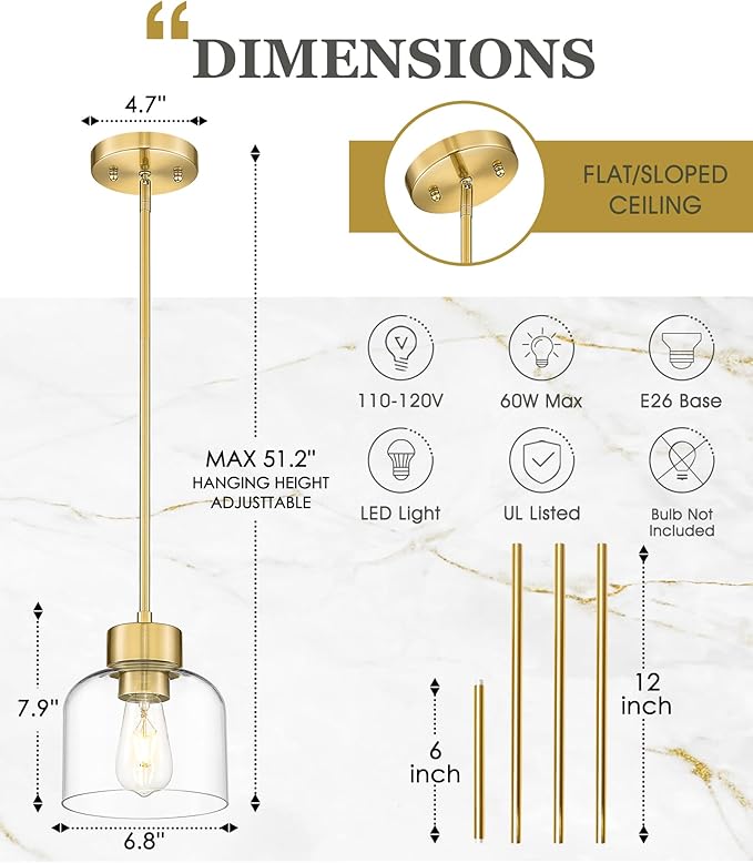 Gold Pendant Lights Kitchen Island, 7" Hanging Lights Fixtures with Clear Glass Shade, Modern Brass Kitchen Pendant Lighting Over Island for Dining Room, AD-24024-1P-GD