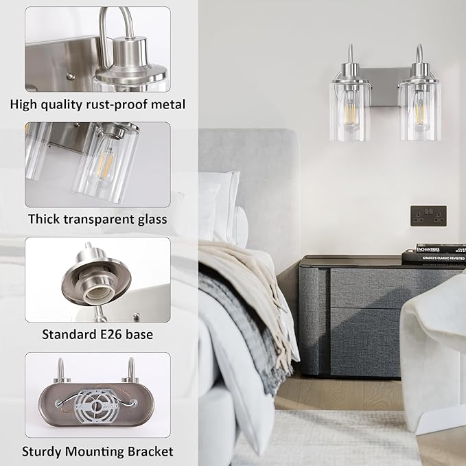 Brushed Nickel Bathroom Light Fixtures Over Mirror,2-Light Bathroom Vanity Light with Clear Glass Shade,Modern Farmhouse Wall Sconces Lighting for Kitchen Living Room Bedroom Cabinet