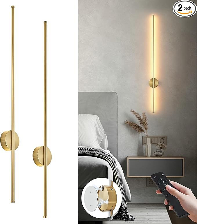 Battery Operated Modern Wall Sconces Set of Two,Rechargeable Wireless Wall Lights with Remote Control,Dimmable,3CCT,Timer,360°Rotation,Cordless Lighting for Bedroom,Living Room,Hallway,Brass,39.3 Inch