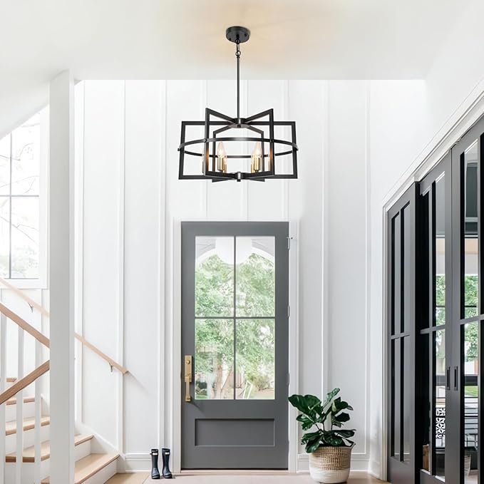 Black and Gold Chandelier, 6-Light Modern Farmhouse Industrial Metal Pendant Light Fixture for High Ceiling, Dining Room, Kitchen Island, Living Room, Entryway, Foyer, Adjustable Height