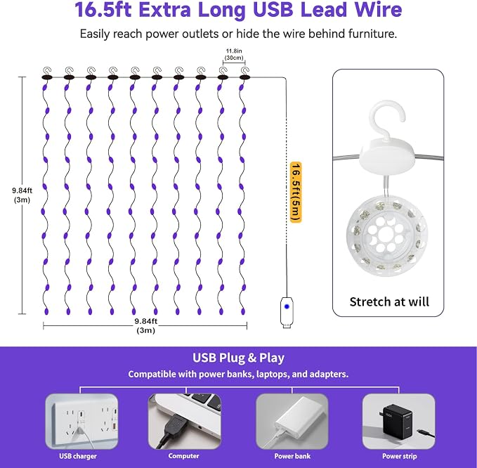 HXWEIYE 300LED Untangled Curtain Lights, 9.8x9.8Ft USB Fairy Twinkle String Lights with Remote and DIY Timer, 8 Modes Window Wall Hanging Light for Bedroom Dorm Backdrop Room Decor, Purple