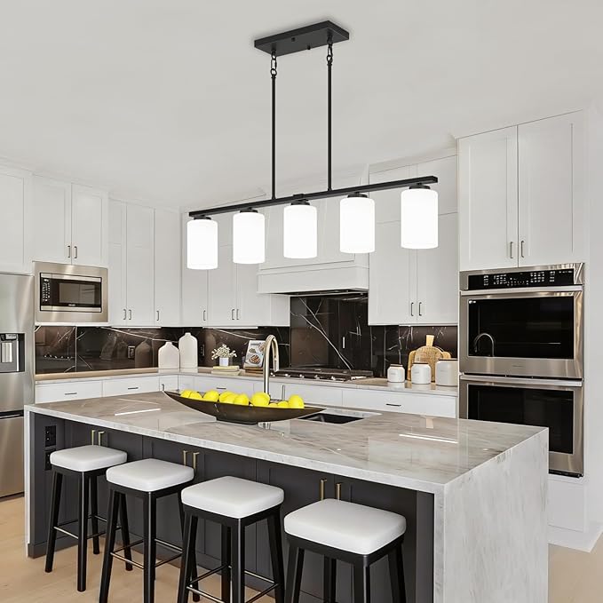 Modern Island Lights for Kitchen 5-Light Black Dining Room Light Fixtures Over Table Glass Penadnt Lights Adjustable Hanging Kitchen Island Lighting Linear Farmhouse Chandelier Over Island